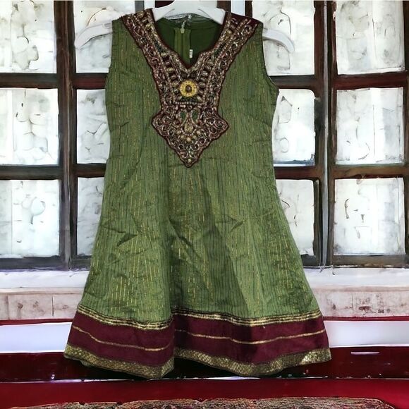 Girls Green/Gold Fancy Embroidered Indian Party Tulle Dress Churidar Gown 24 5T - Picture 4 of 12